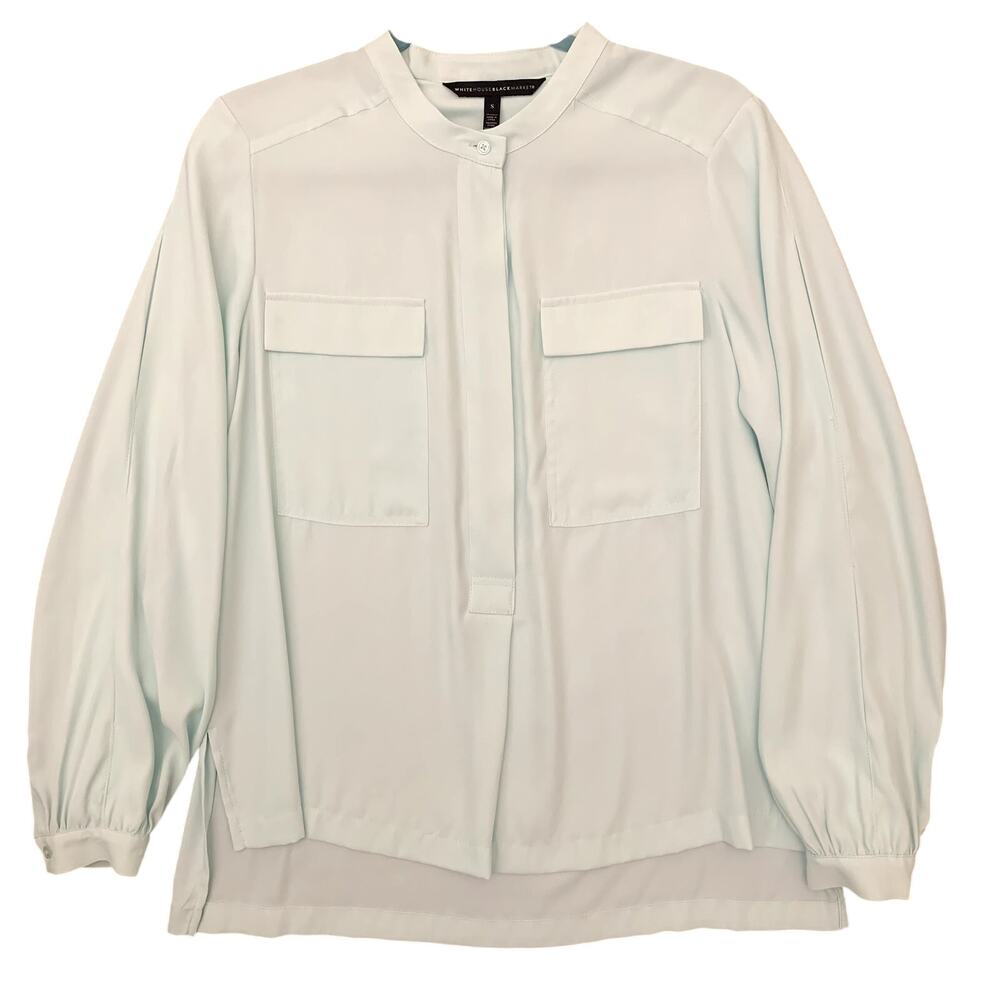 Long Sleeve Blouse WHBM 1/2 Button Front Light Aqua Hi Low Hem Women's Size S
